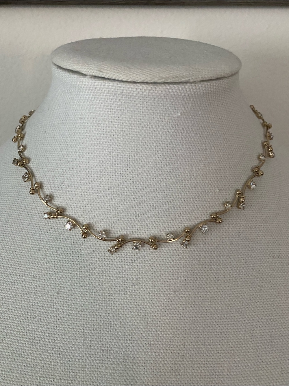 Monet Vintage 70’s Gold-Tone Vine Necklace with Clear Crystal Accents